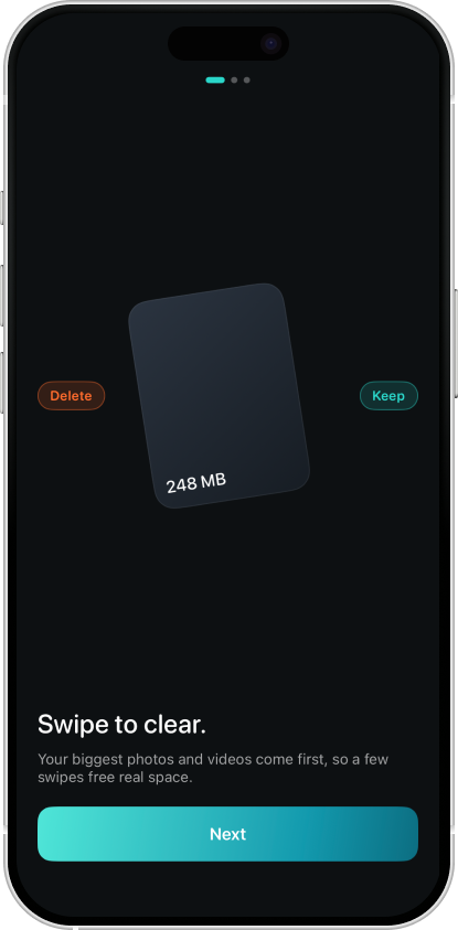 Onboarding: swipe to clear, your biggest photos and videos come first